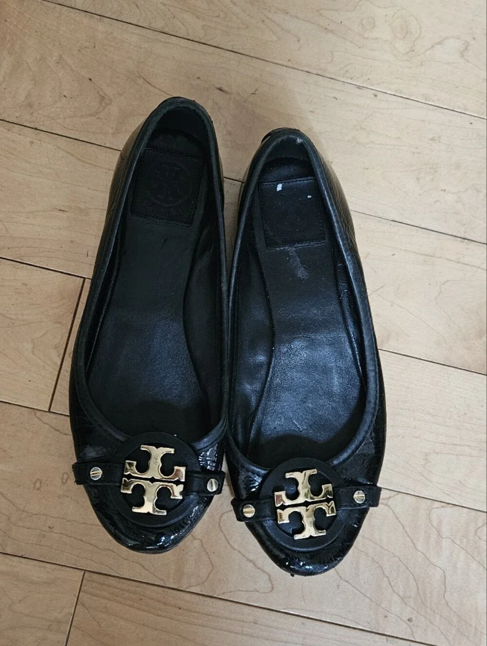 Tory Burch Black Patent Leather Logo Flats with Gold Emblem